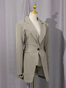 Chic grey-brown slim-fit blazer with unique side lace-up metal eyelet waist details