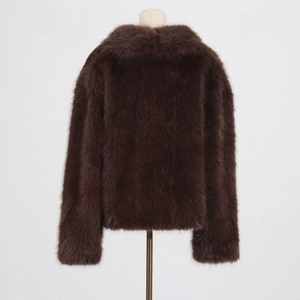 Back view detail of a fluffy brown faux fur short jacket with collar for women