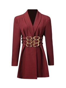 Elegant wine red blazer dress with gold waist belt buttons and classic lapels