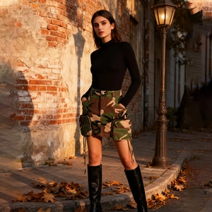 Outdoor street style shot of women's camouflage mini skirt with large cargo pockets