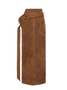 Chic high-waisted brown midi skirt with wrap belt detail and straight silhouette