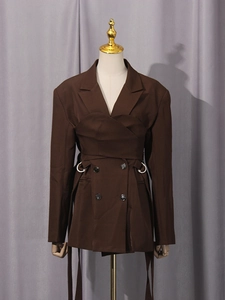 Elegant dark coffee deconstructed blazer with belted waist and metallic ring detail