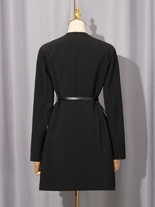 Elegant black slim-fit blazer coat with long sleeves and matching waist belt, back view