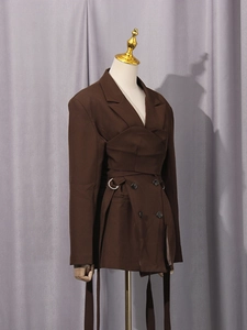 Elegant coffee brown double-breasted blazer dress with waist tie and metal ring detail