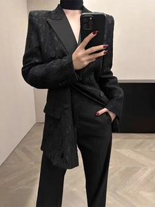 Elegant black lace blazer with double-breasted buttons and tailored slim fit for women