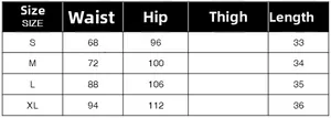 Size chart for camouflage mini skirt including waist, hip, and length measurements