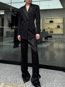 Women's black lace double-breasted blazer and satin wide-leg trousers suit set