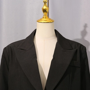 Detail of classic notched lapel and shoulder tailoring on a slim fit black blazer jacket