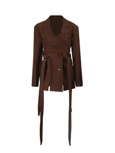 Elegant dark brown double-breasted blazer with belted waist and metallic buckles