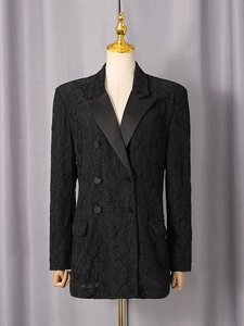 Black lace blazer for women featuring double-breasted buttons and satin lapels in slim fit