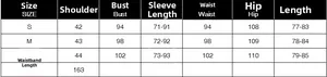 Size chart for women's slim long-sleeved blazer showing S, M, L measurements in centimeters