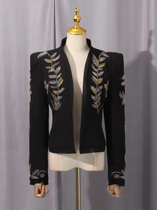 Women's black slim-fit blazer with luxury gold bead embroidery and padded shoulders