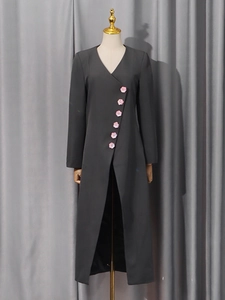 Deep grey V-neck long-sleeve coat featuring unique floral buttons and high slit design