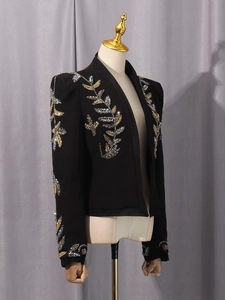 Slim fit black blazer for women with luxury gold and silver leaf sequin embroidery