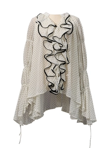 Elegant white polka dot blouse with black ruffle trim and long sleeves for women