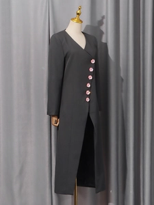 Chic dark grey blazer jacket with asymmetric pink floral sequin buttons for women
