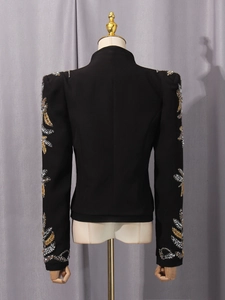 Slim fit black women's blazer featuring intricate gold and silver beaded embroidery on sleeves