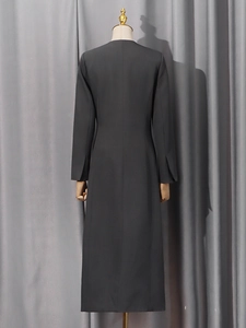 Elegant dark grey slim-fit blazer for women featuring unique split-cuff sleeve details