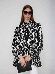 Women Vintage Abstract Geometric Printed Long Sleeve Shirt Elegant Loose Blouse With Bow Tie Neck Maze Grid Streetwear Top