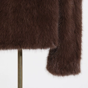 Close-up of deep brown faux fur jacket showing soft texture and premium glossy finish