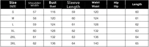 Size chart for women's faux fur jacket with shoulder, bust, and sleeve measurements