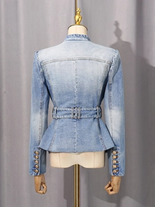 Slim fit light blue denim jacket with peplum waist and gold lion buttons for women