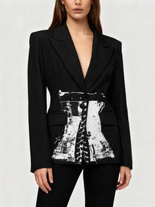 Women Fashion Black Blazer Jacket Contrast White Corset Print Long Sleeve Single Button Lapel Office Lady Slim Suit Coat