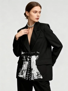 Chic black tailored blazer with white corset graphic print for women fashion