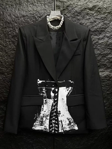 Slim fit black blazer with white corset print design and metallic collar detail