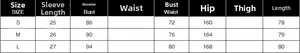 Detailed size chart for women's mini dress including S, M, and L measurements in cm