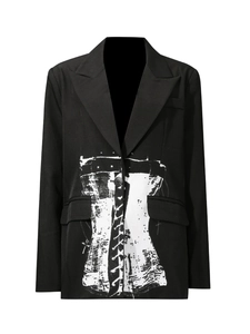 Slim fit black blazer with white corset print and single button for women