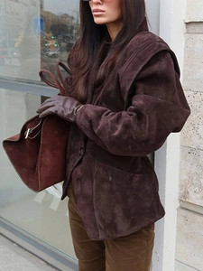 Women's minimalist dark brown suede jacket with standing collar and cinched waist for spring