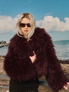 Elegant Burgundy Faux Fur Coat For Women Solid Color Long Pile Shaggy Short Outerwear Warm Winter Fall Fashion Jacket