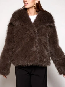 Short faux fur jacket in dark brown featuring a stylish lapel collar and thick plush texture