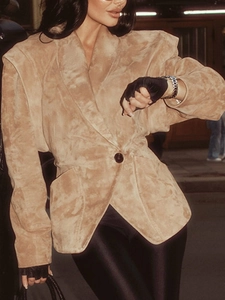 Women's retro khaki suede jacket with waist-cinching silhouette and shoulder pads