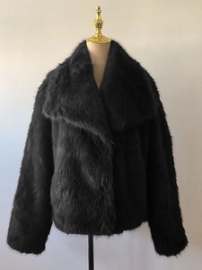 Chic black faux fur jacket featuring a classic lapel collar and thick plush texture