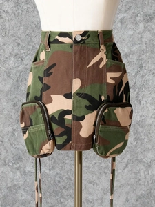 Street style camouflage mini skirt with utility pockets and hanging decorative straps