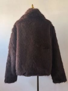 Deep brown faux fur coat for women with thick plush texture and loose fit back view