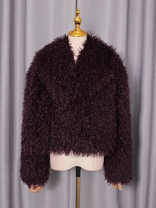Deep purple faux fur short jacket with fluffy texture and large collar for women