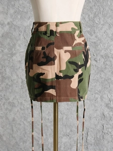 Streetwear camouflage mini skirt with a high waist and stylish ribbon straps