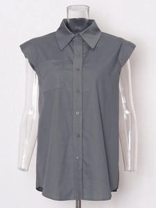 Deep grey sleeveless button-up shirt with lapel collar and front pocket for casual wear