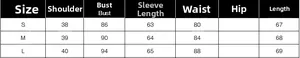 Detailed size chart for sheer suit jacket with shoulder, bust, and sleeve measurements