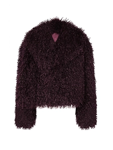 Deep purple faux fur coat for women with plush long pile texture and wide collar