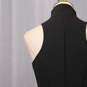 Detail of high neck black sleeveless dress showing vertical back seam and textured fabric