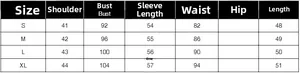 Detailed size chart for rhinestone blazer showing shoulder, bust, and sleeve measurements