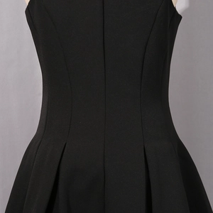 Detail of waist pleats and tailored back seam on a sleek black sleeveless mini dress