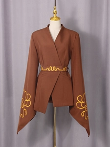 Women's brown long-sleeve blazer with floral yellow embroidery and matching waist belt