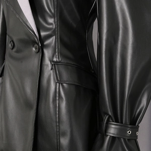 Detail of black faux leather blazer with double-breasted buttons and decorative cuff straps
