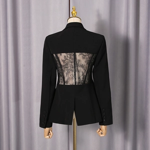 Detailed back view of a black blazer featuring sheer floral lace patchwork and a split hem