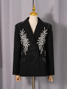 Women black street style blazer with silver sequin floral embroidery and tailored fit